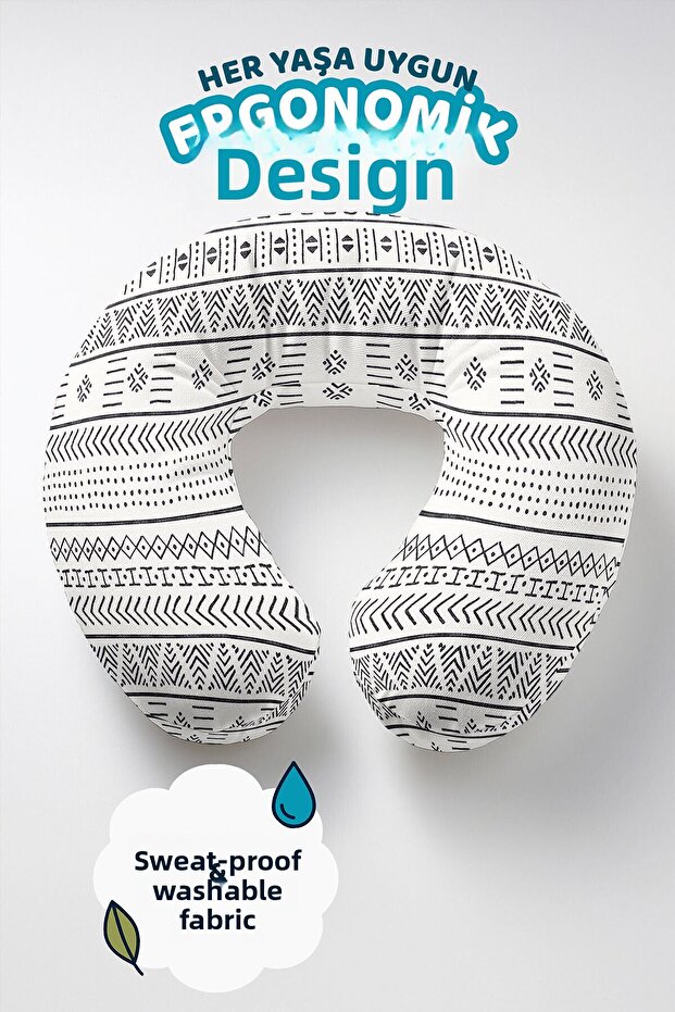 Ethnic Geometric Pattern Cotton Neck Pillow - Modern Black and White Adult Travel Pillow
