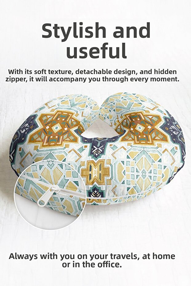 Ethnic Patterned Ergonomic Neck Pillow - Geometric Motif Yellow Green Navy Blue Travel Pillow