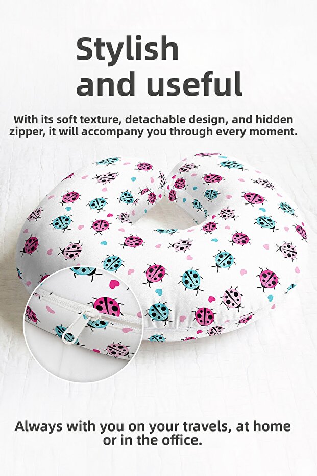 Colorful Ladybug Patterned Cotton Neck Pillow - Cute Pink Blue Heart Soft Travel Pillow