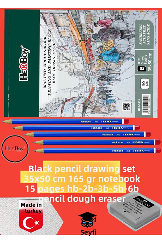 Kara Calm Drawing Set 35X50 cm 165 Gr Notebook 15 Sheets Hb-2B-3B-5B-6B Pencil Dough Eraser Herboy