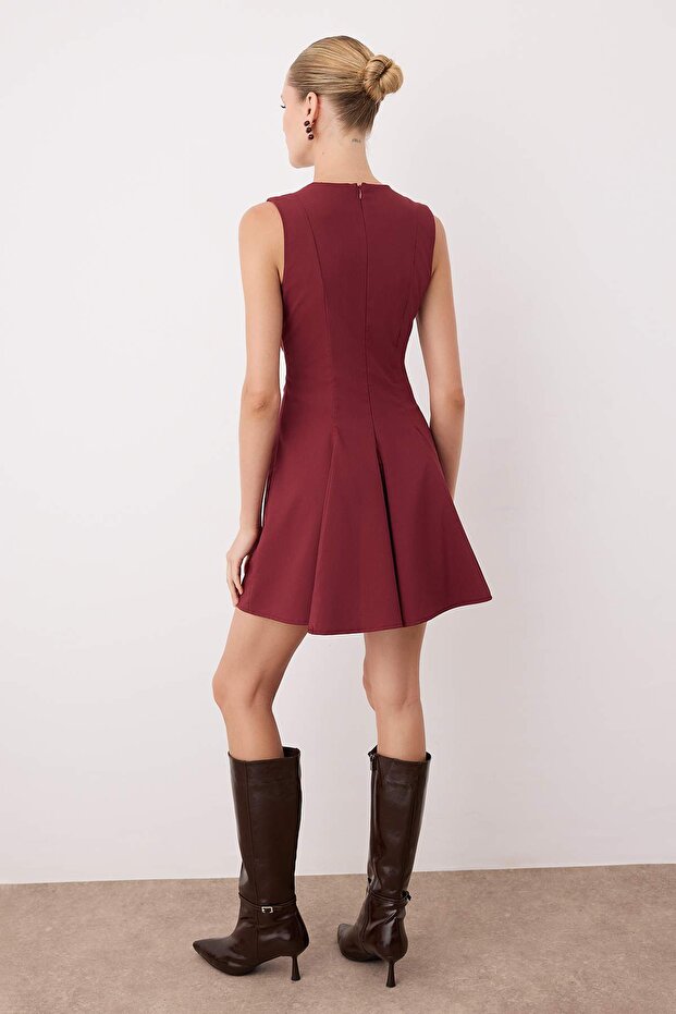 Koyu Bordo Eteği Belden Açılan Kısa / Mini Dokuma Elbise TWOAW25EL00244 - 4