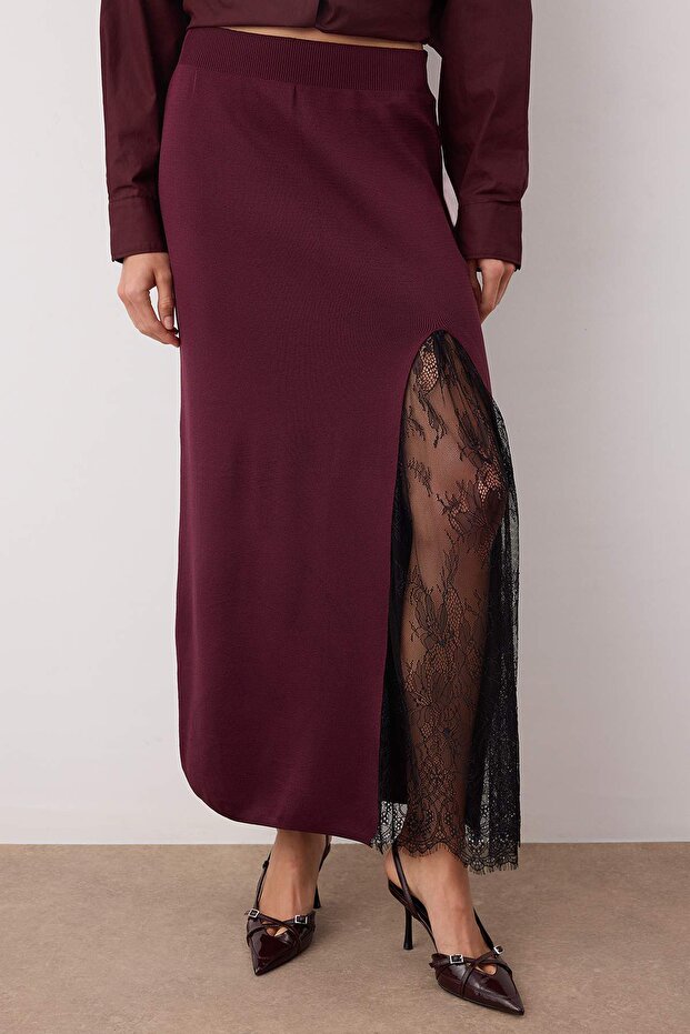 Bordo Dantelli Yırtmaç Detaylı Maxi Triko Etek TWOAW26ET00117 - 3