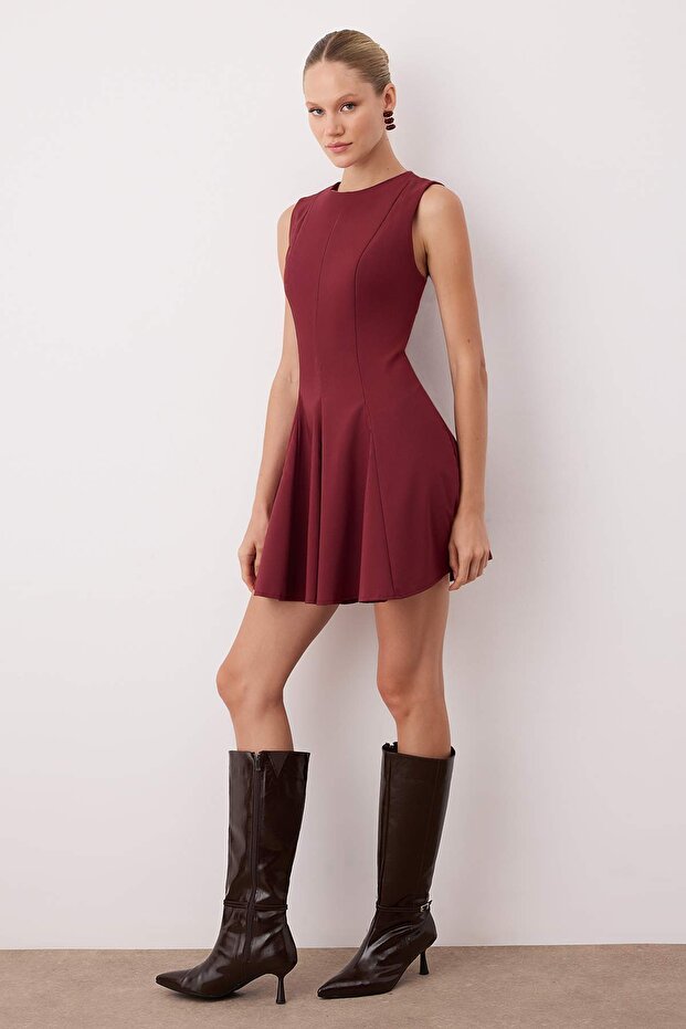 Koyu Bordo Eteği Belden Açılan Kısa / Mini Dokuma Elbise TWOAW25EL00244 - 1