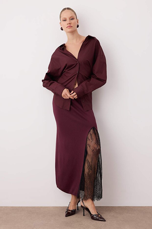 Bordo Dantelli Yırtmaç Detaylı Maxi Triko Etek TWOAW26ET00117 - 2