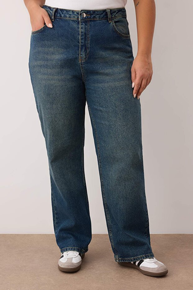 Mavi Yüksek Bel Comfort/Orta Esnek Straight Fit Denim Büyük Beden Jeans TBBSS24CJ00051 - 3