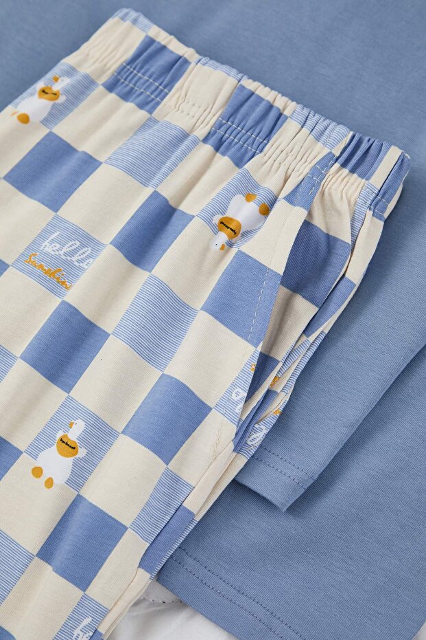 Mavi Uzun Kollu Pamuklu Ekose Desenli Ördek Baskılı Pijama Takımı TMNAW26PT00044 - 2