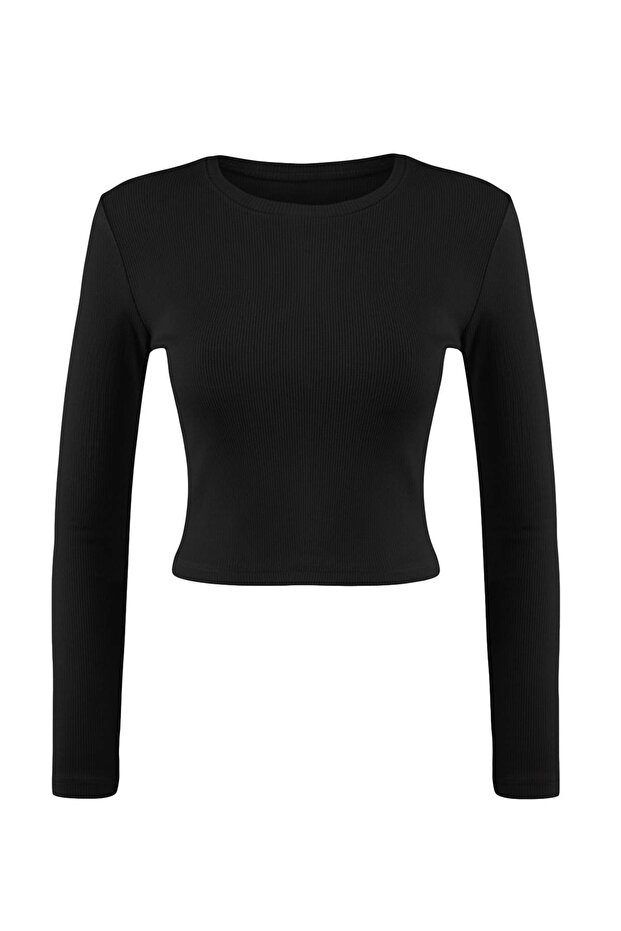 Siyah-Beyaz 2'li Paket Fitted/Vücuda Oturan Bisiklet Yaka Crop Fitilli Esnek Örme Bluz TWOAW22BZ0331 - 21