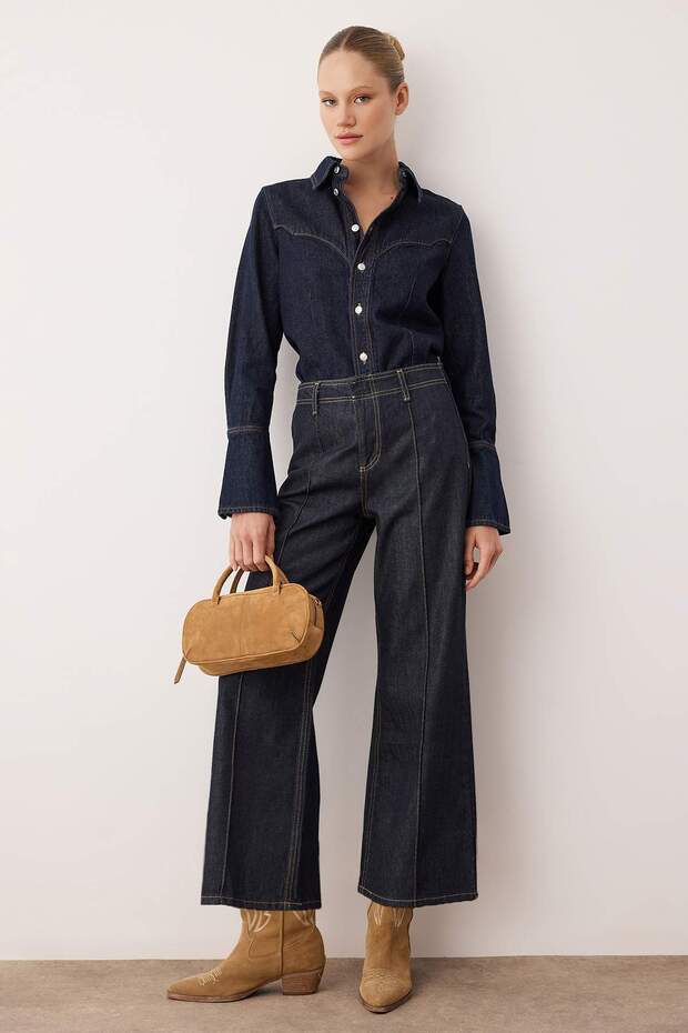 Koyu Mavi Yüksek Bel Culotte Fit Jeans TWOAW26JE00170 - 2