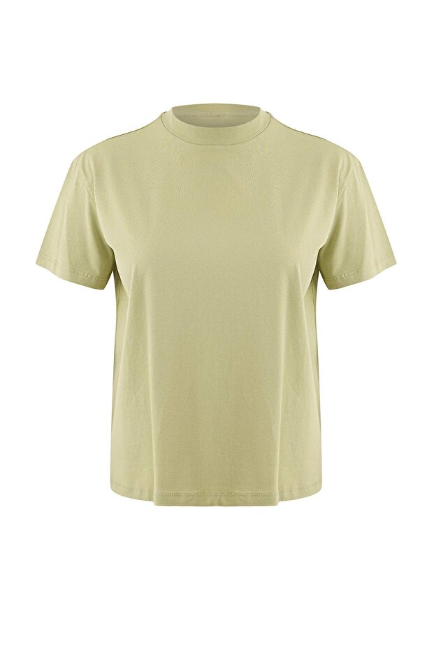 Yağ Yeşili-Gri 2'li Paket %100 Pamuk Basic Dik Yaka Örme T-Shirt TWOSS20TS1500 - 10