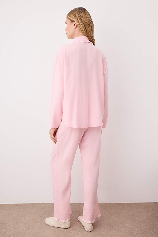 Pembe Fırfırlı Cep Detaylı Viskon Dokuma Pijama Takımı THMAW25PT00146 - 4