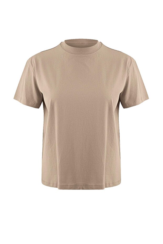 Yağ Yeşili-Gri 2'li Paket %100 Pamuk Basic Dik Yaka Örme T-Shirt TWOSS20TS1500 - 12