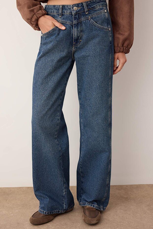 Koyu Mavi More Sustainable Normal Bel Dikiş Detaylı Wide Leg Jeans TWOAW26JE00223 - 3