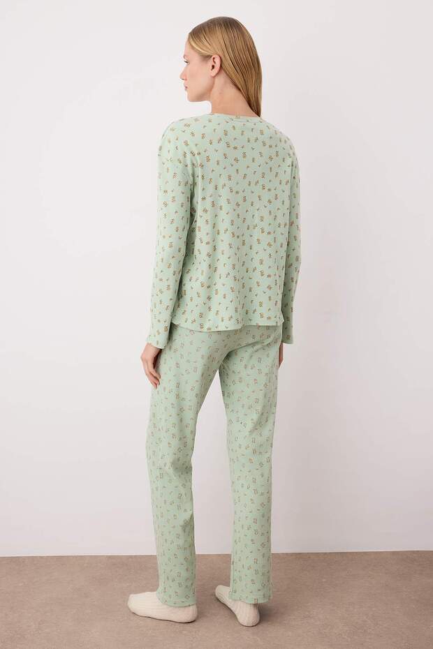 Mint Yumuşak Tuşe Pamuklu Çiçekli Fitilli Örme Pijama Takımı THMAW25PT00194 - 4