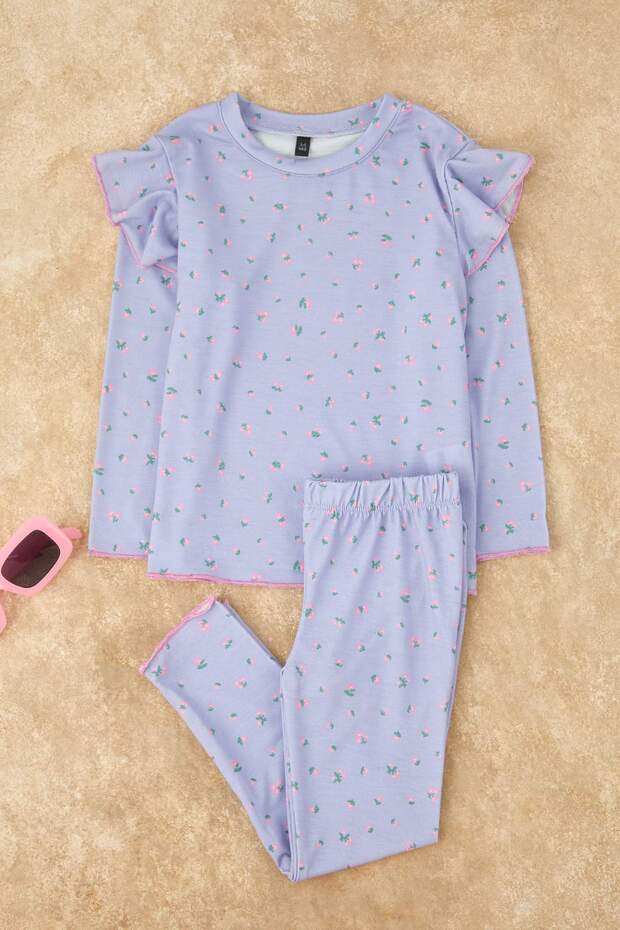 Lila Baskılı 4'lü Örme Regular Kız Çocuk Alt-Üst Pijama Takımı TKDAW26PT00012 - 5