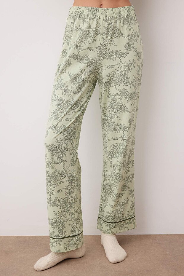Yeşil %100 Pamuklu Çiçekli Gömlek Yaka Biyeli Örme Pijama Takımı THMAW26PT00152 - 3