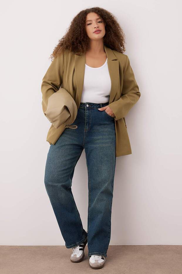 Mavi Yüksek Bel Comfort/Orta Esnek Straight Fit Denim Büyük Beden Jeans TBBSS24CJ00051 - 1