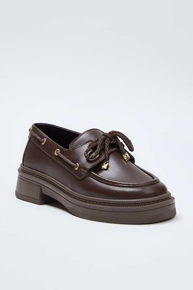 Kahverengi Bağcık Detaylı Kadın Loafer TAKAW26LA00005 - 4