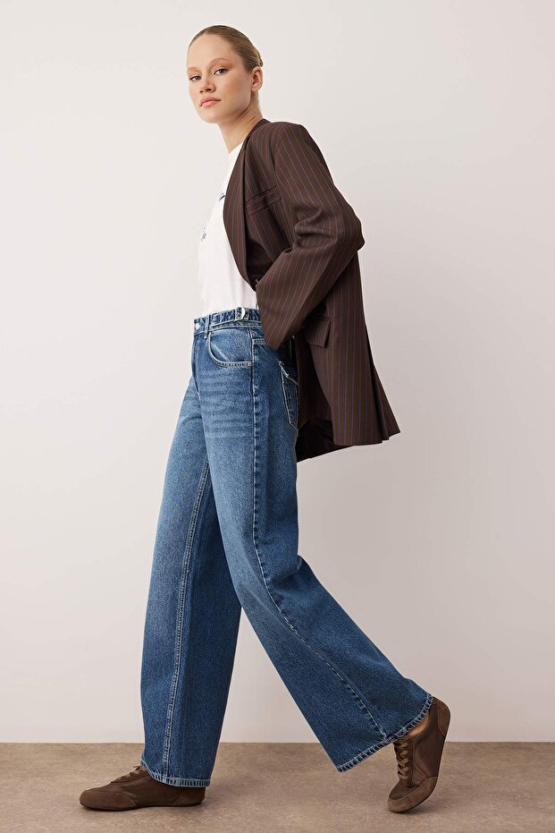 Mavi Düşük Bel Cep Detaylı Wide Leg Geniş Paça Jeans TWOAW26JE00173 - 3