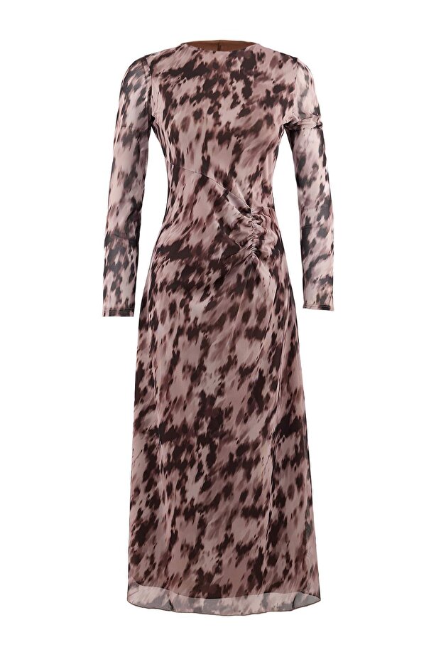 Kahverengi Baskılı Büzgü / Drape Maxi Örme Elbise TWOAW25EL00408 - 6