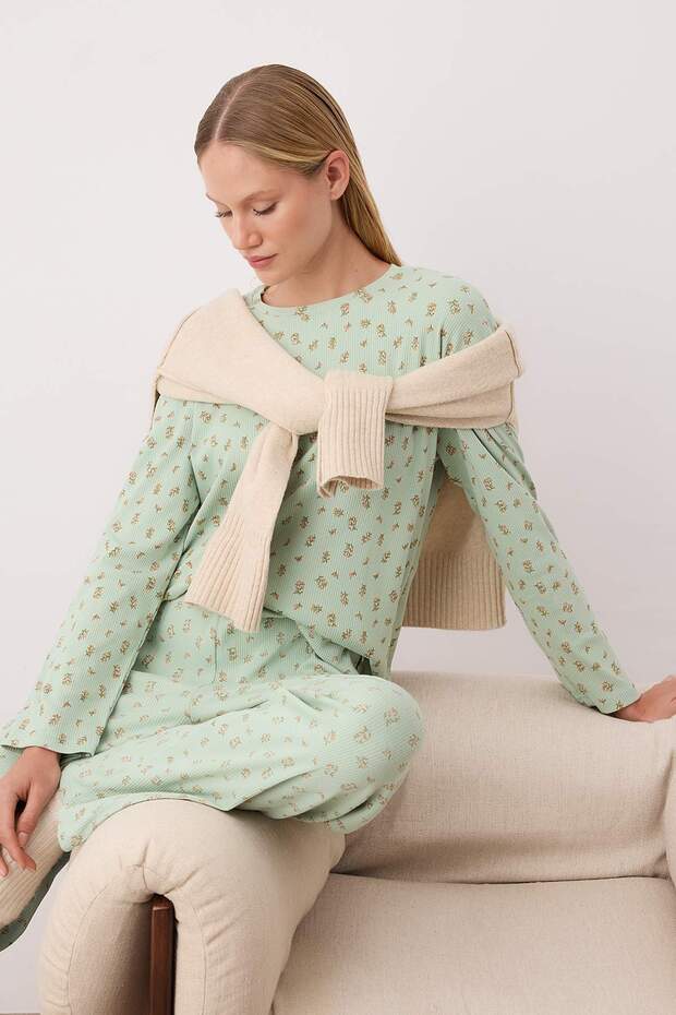 Mint Yumuşak Tuşe Pamuklu Çiçekli Fitilli Örme Pijama Takımı THMAW25PT00194 - 1