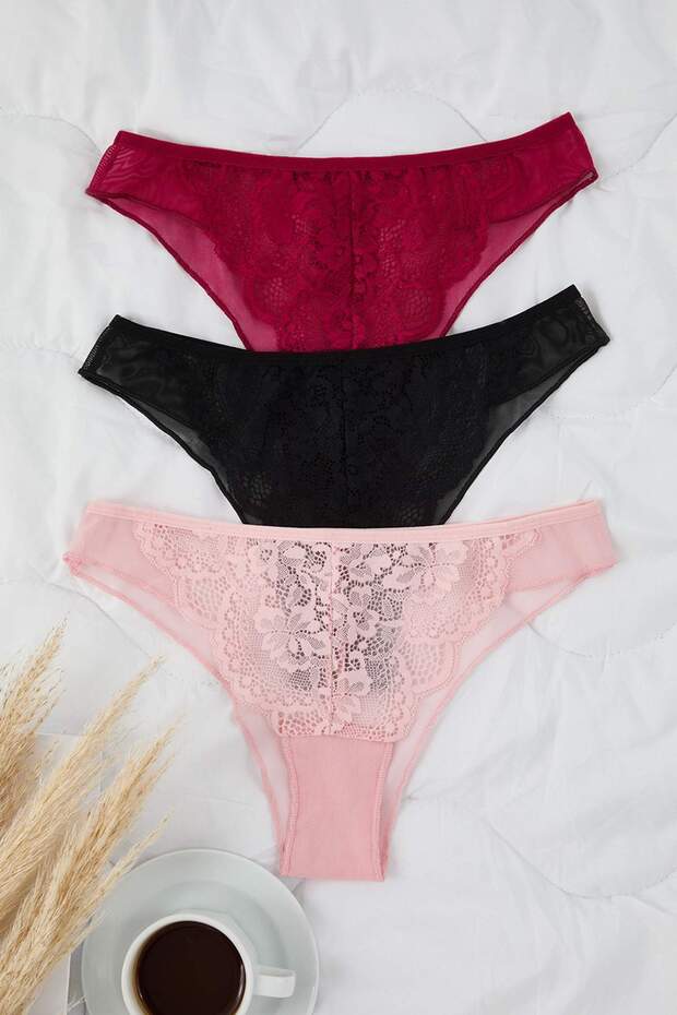 Çok Renkli 3'lü Paket Dantelli Brazilian Örme Külot THMAW26KU00047 - 3