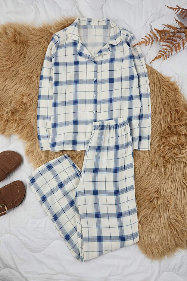 Mavi Ekoseli Viskon Dokuma Pijama Takımı THMAW26PT00066 - 5
