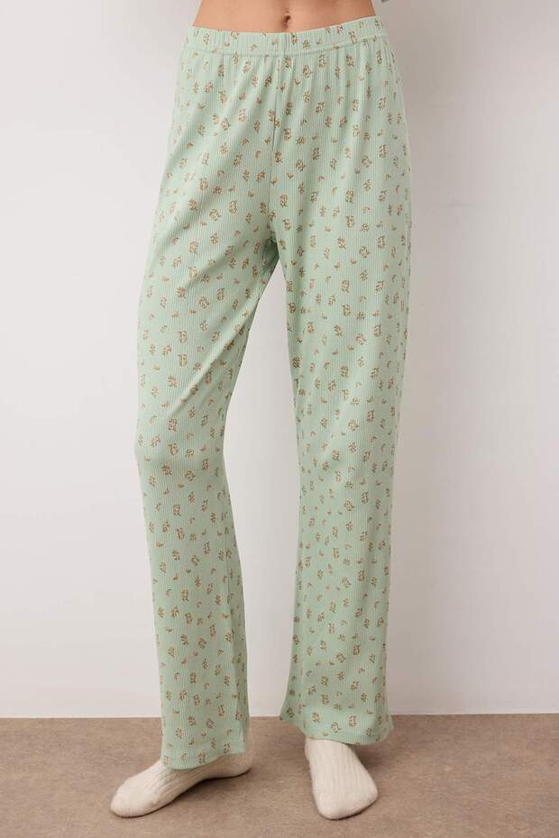 Mint Yumuşak Tuşe Pamuklu Çiçekli Fitilli Örme Pijama Takımı THMAW25PT00194 - 3