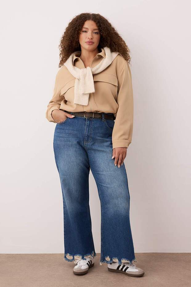 Mavi Yüksel Bel Paçası Destroylu İspanyaol Paça Büyük Beden Flare Fit Jeans TBBAW26CJ00016 - 1