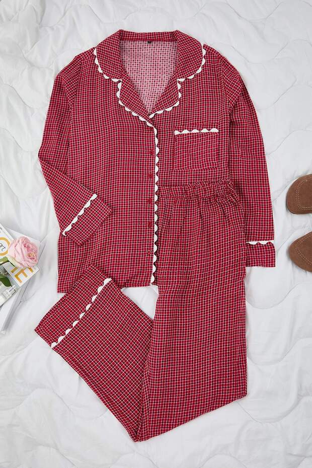 Bordo Ekose/Kareli Viskon Dokuma Pijama Takımı TBBAW26AI00037 - 2