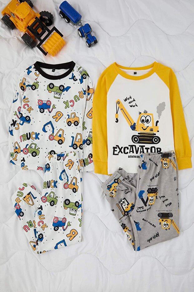 Ekru-Sarı 4'lü Baskılı Örme Erkek Çocuk Pijama Takımı TKDAW26PT00010 - 3