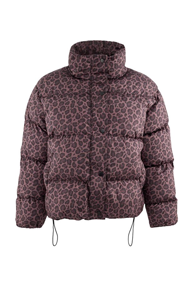 Çok Renkli Kahverengi Leopar Desenli Oversize Kalıp Şişme Mont TWOAW25MO00222 - 6