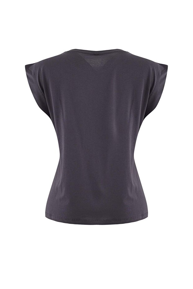 Antrasit %100 Pamuk Vatka Görünümlü Basic Bisiklet Yaka Örme T-Shirt TWOSS20TS0021 - 7