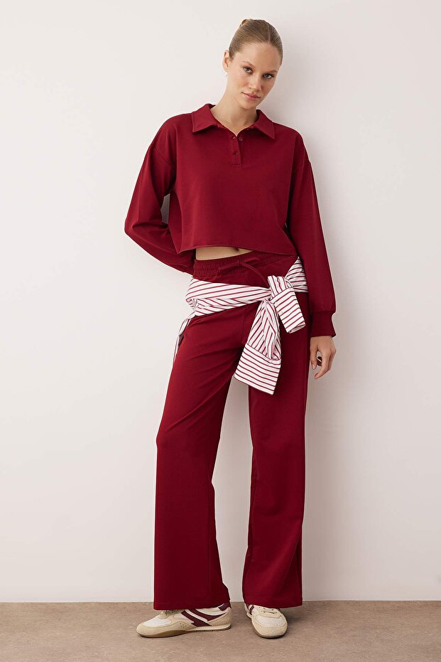 Bordo Polo Yaka Düğmeli Relaxed/Rahat Kalıp Örme Eşofman Takımı TWOAW26EM00013 - 1