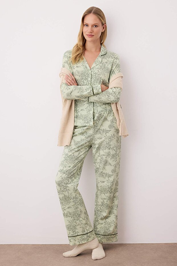 Yeşil %100 Pamuklu Çiçekli Gömlek Yaka Biyeli Örme Pijama Takımı THMAW26PT00152 - 1