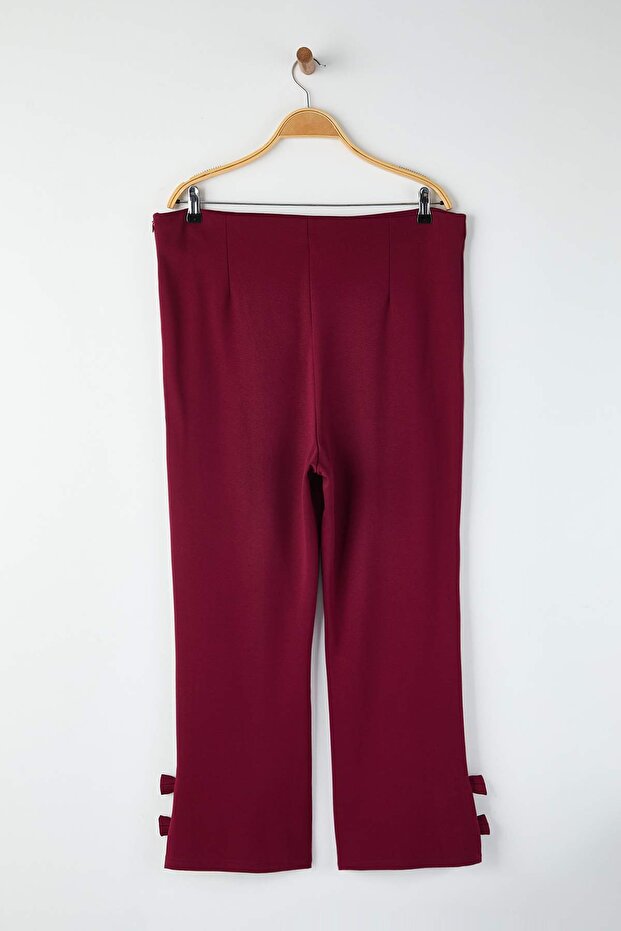 Bordo Paçası Fiyonk Detaylı Flare Fit Örme Büyük Beden Pantolon TBBAW26AR00003 - 7