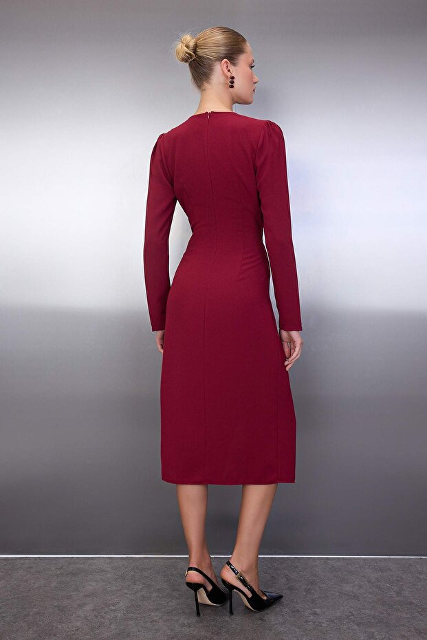 Bordo Düz Cut outlı Midi Dokuma Elbisesi TWOAW26EL00179 - 4