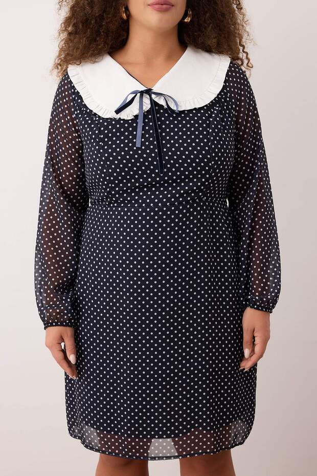 Lacivert Bebe Yaka Puantiyeli Şifon Mini Dokuma Büyük Beden Elbise TBBAW26AH00048 - 4