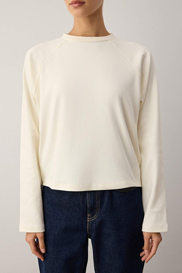Ekru Relaxed/Boxy Fit Crop Uzun Kol Örme T-Shirt TWOAW26TS00022 - 3