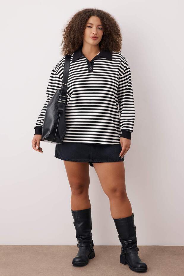 Siyah Çizgili Polo Yaka Kalın İçi Polarlı Oversize Örme Büyük Beden Sweatshirt TBBAW26AO00029 - 1