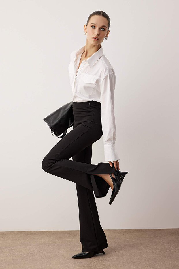 Siyah Wide Leg/Geniş Paça Esnek Kalın Örme Pantolon TWOAW26PL00073 - 2
