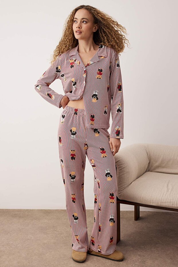 Çok Renkli %100 Pamuklu Ayıcık ve Çizgi Desenli Gömlek Yaka Örme Pijama Takımı THMAW26PT00171 - 2