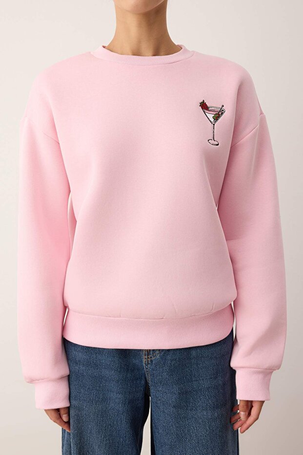 Açık Pembe Animal Nakışlı Regular/Normal Kalıp Kalın İçi Polarlı Örme Sweatshirt TWOAW24SW00196 - 3