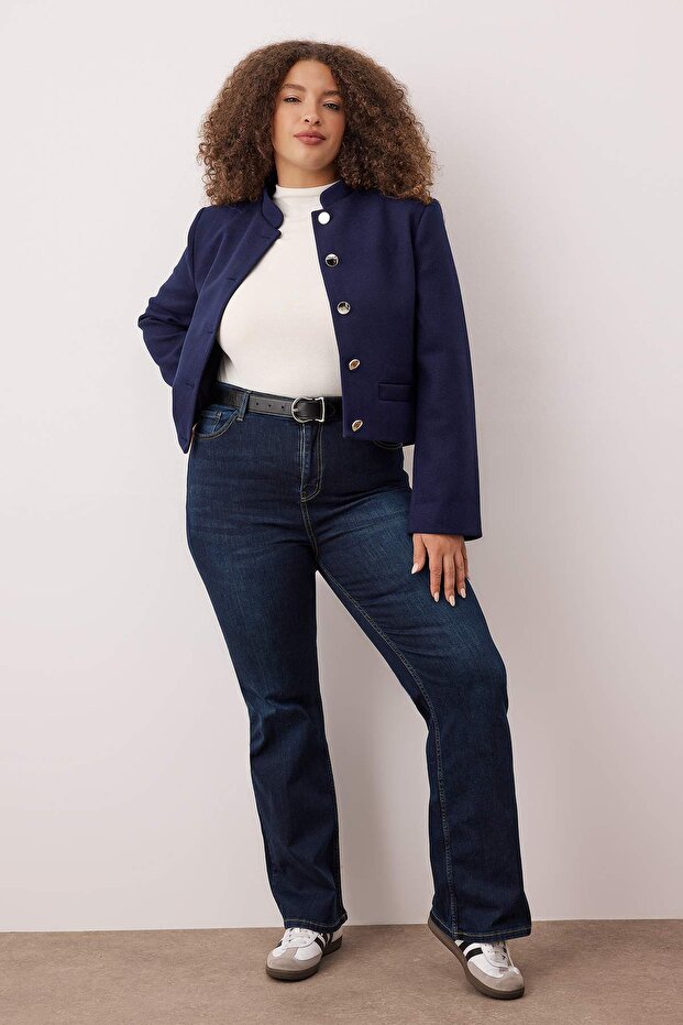 Koyu Mavi Yüksek Bel İspanyol Paça Flare Fit Denim Büyük Beden Jeans TBBAW26CJ00034 - 2