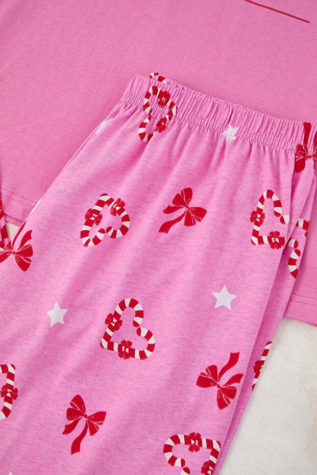 Pembe Yılbaşı Temalı Örme Pijama Takımı TBBAW23AI00044 - 3