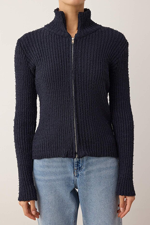 Wardrobe Essentials Lacivert Fermuarlı Dik Yaka Yumuşak Dokulu Pamuklu Triko Hırka TWOAW26HI00088 - 3
