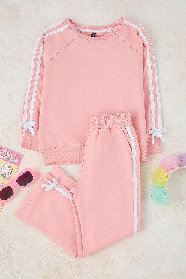 Pembe Kız Çocuk Pamuklu Düz Bisiklet Yaka Oversize Örme Alt - Üst Takım TKDAW26AU00019 - 2