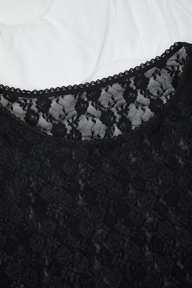 Siyah Fantezi Dantelli T-Shirt & Külot Büyük Beden İç Çamaşır Takımı TBBAW26DG00005 - 5
