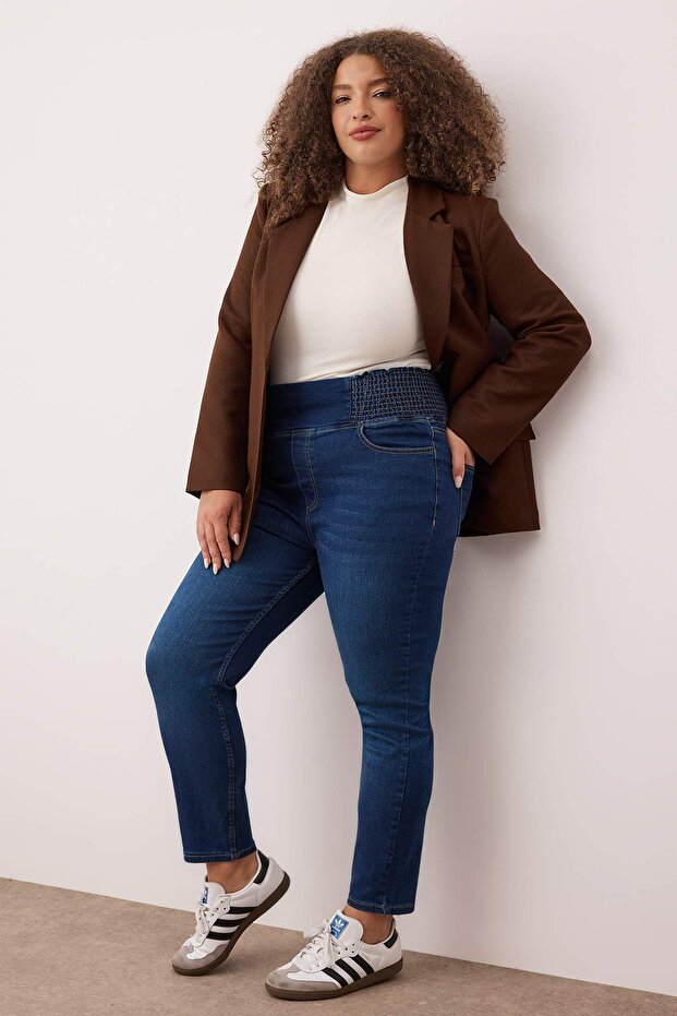 Mavi Yüksek Bel Beli Gipe Detaylı Büyük Beden Skinny Jeans TBBAW26CJ00036 - 1