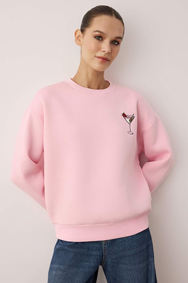 Açık Pembe Animal Nakışlı Regular/Normal Kalıp Kalın İçi Polarlı Örme Sweatshirt TWOAW24SW00196 - 2