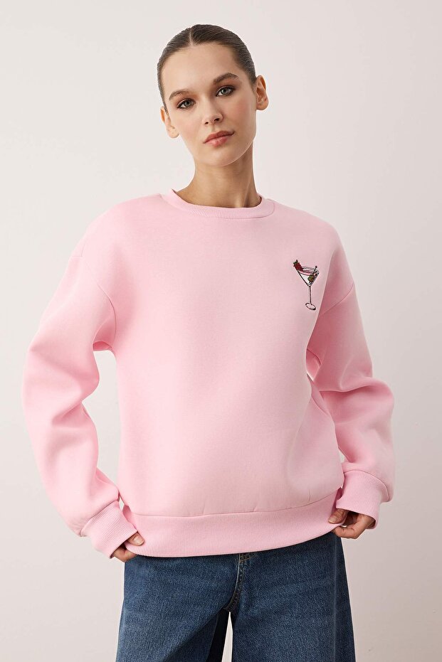 Açık Pembe Animal Nakışlı Regular/Normal Kalıp Kalın İçi Polarlı Örme Sweatshirt TWOAW24SW00196 - 1